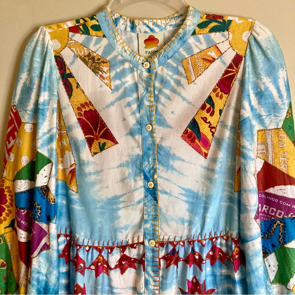 RARE FARM Rio Tie Dye Rainbow Patchwork Maxi Dress Batik Print Blue Size S or M - Picture 9 of 16